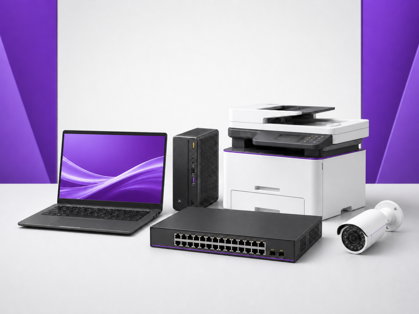 Business laptop, desktop, printer, switch and security camera